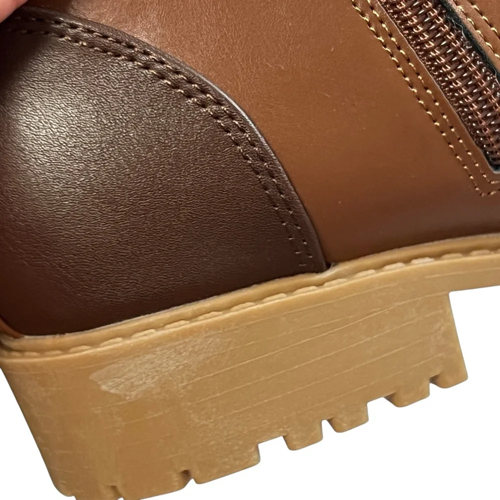 Brown Side Zip Lug Sole Ankle Boots Girls Size 4Y Faux Leather Chelsea Style